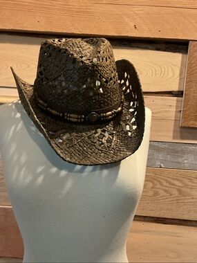 Woven Paper Woven Cowboy Hat with Beaded Band - Brown